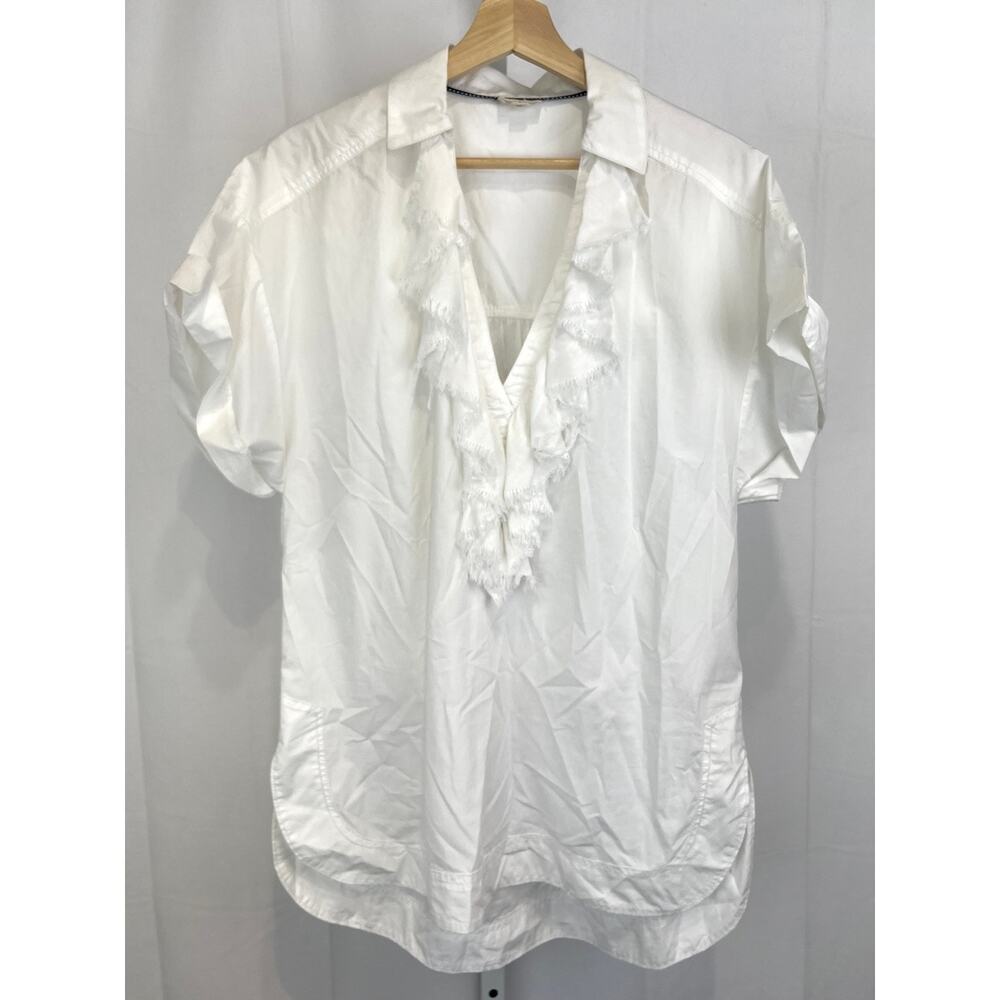 PILCRO Anthropologie S Short Sleeve Reworked Ruffled Blouse V Neck Popover White - Picture 11 of 11